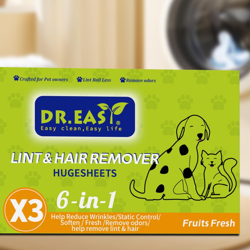 DR. EASY Dr.Easy LINT & HAIR REMOVER Pet HUGESHEETS with 3X ODOR REMOVE Dryer Sheets, Fruits Fresh, 200 Count,PLANT&MINERAL-BASED FORMULA - Image 3